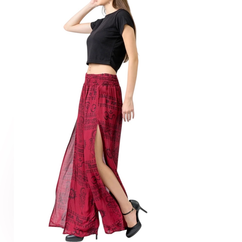 Boho Rhea Red Maroon Printed High-Slit Wide Leg Cotton Pants - Picture 2 of 3